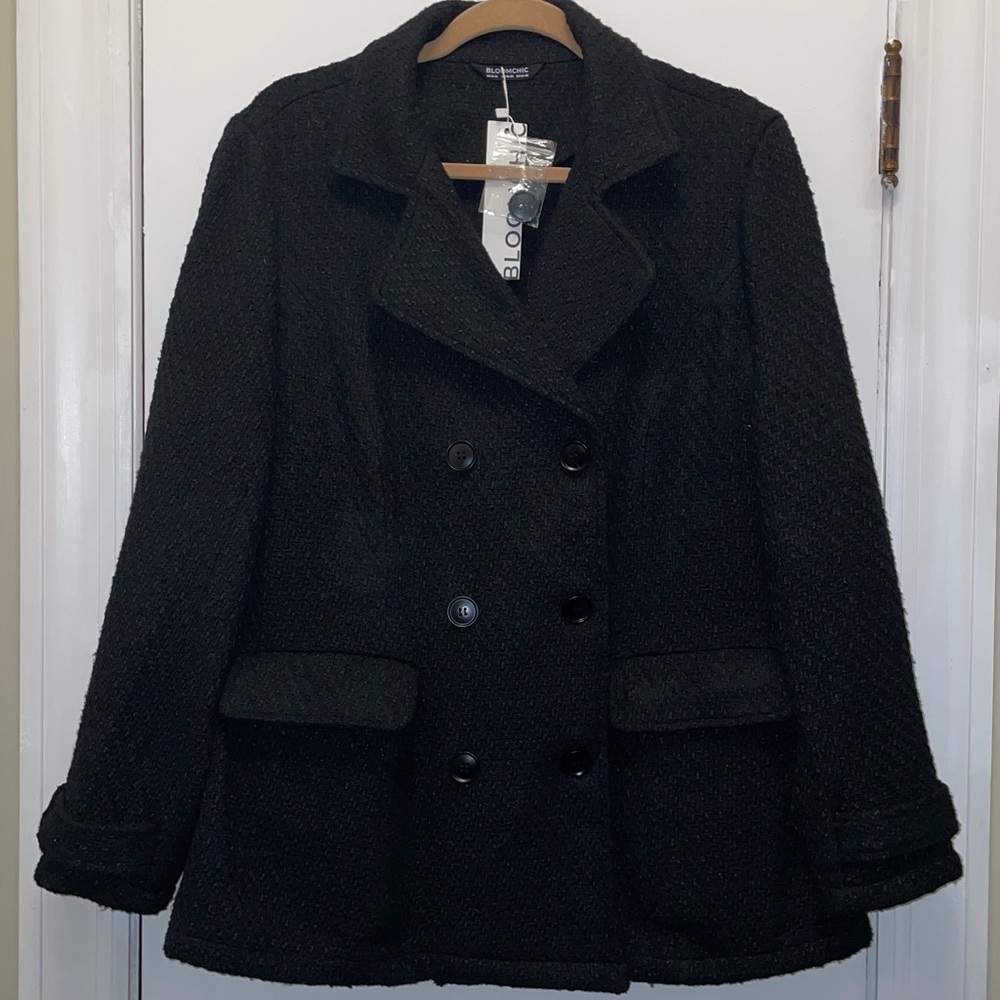 Bloom Chic Black Tweed Pea Coat